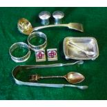 Silver salt dish, napkin rings, two table place holders and other items