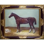 A framed oil on canvas of a racehorse