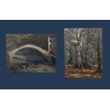 C S Meakin, two unframed oil on canvas depicting horses in a forest and a bridge scene