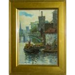 Mackinley; gilt framed oil on canvas depicting a bridge and river scene. Image size 36cm x 29.5cm