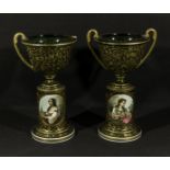 A pair of Bohemian cameo glass urns, one A/F 35cm tall