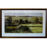 A framed print depicting Hassendean Station signed Sandy Milligan, Image size 23cm x 43cm