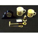 Two commemorative cups, small mantle clock and other collectable items