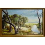 A framed oil on canvas depicting a river scene