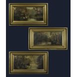 Three gilt framed oil on canvas depicting lake scenes, indistinct signature