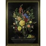 R.S.J. Mann, framed acrylic of still life, label verso. Image size 98cm 71cm