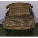 A Victorian upholstered love seat with scroll back and cabriole legs