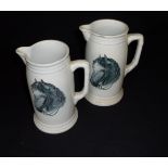 Two Staffordshire pottery jugs with horse decoration, 21cm tall
