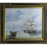 R E Young, gilt framed oil on board depicting a marine scene, signed. Image size 49cm x 59cm