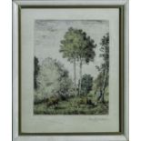 A small hand coloured etching signed Marcel Jacque