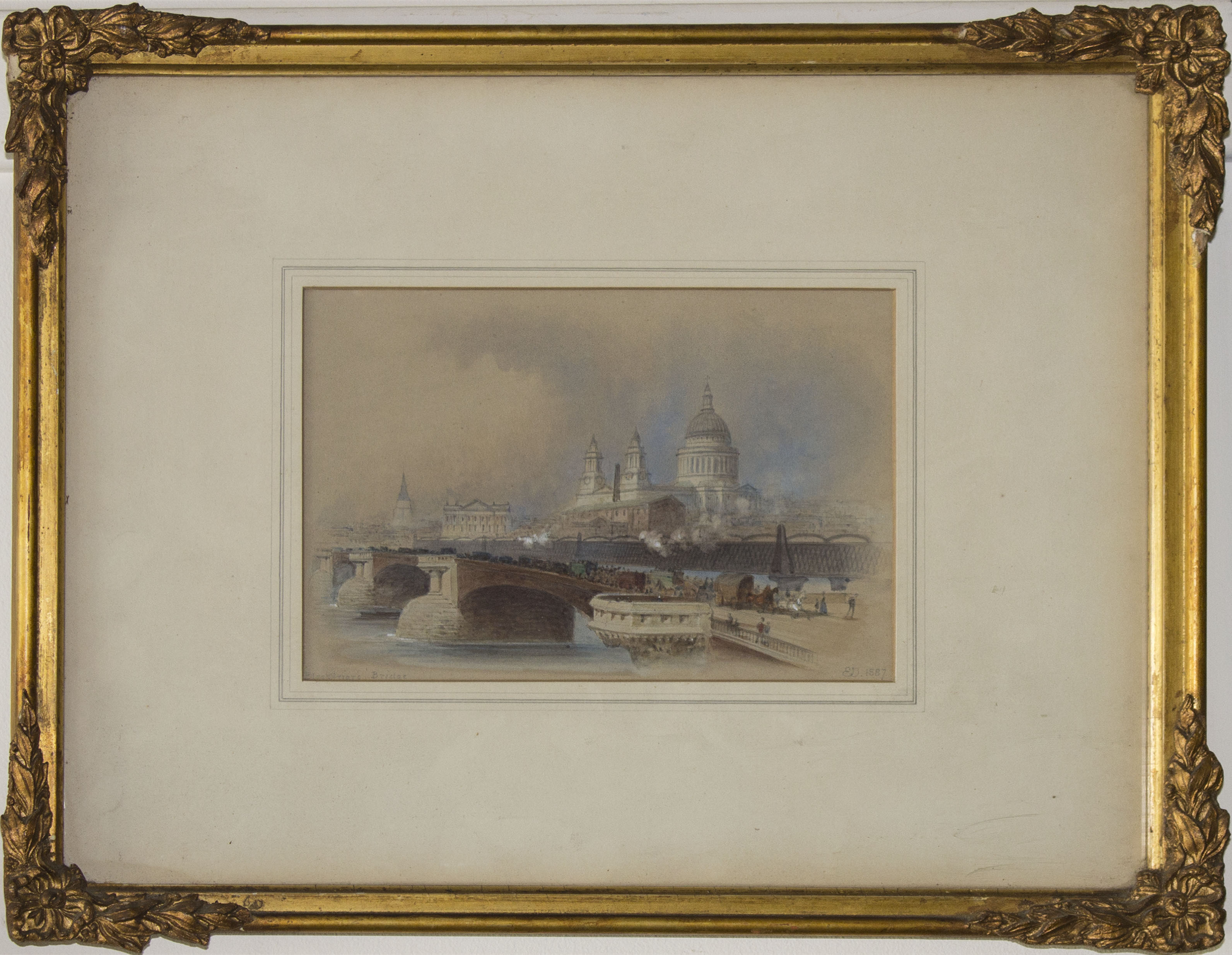 A gilt framed watercolour of London Bridge signed ED 1887 image size 16cm x 23cm