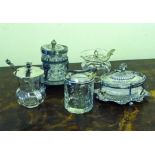Five silver plated and glass preserve dishes and a sugar jar