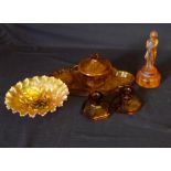 A cloud glass five piece dressing table set, carnival glass bowl and an Art Deco amber glass