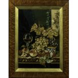 A burr framed woolwork of a still life. Woolwork 49cm x 34cm