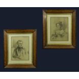 Pair of oak framed drawings of a gentleman and a lady. Image size 33cm x 24cm