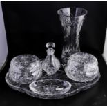 An Edinburgh crystal dressing table set together with a vase, perfume bottle and small tray