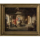 A gilt framed oil on canvas of an interior scene