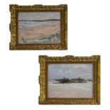 J Brown Gibson, a pair of gilt framed oils on canvas depicting beach scenes, signed. Total size 47cm