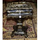A Victorian papier mache sewing table painted and decorated with mother of pearl with fitted