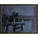 A framed pastel drawing depicting knights returning home. Image size 36cm 47cm