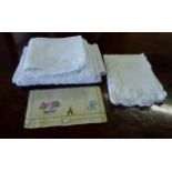 Linen and lace table ware, embroidered nightdress case together with linen and lace pillow case