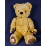 A 1940/50's Chad Valley teddy bear with Royal Appointment label, rexine paws and pads, safe glass