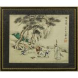 A fine quality Chinese watercolour on silk of scholars, Republic period, fully signed