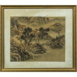 A framed Chinese watercolour drawing of a landscape with red seal