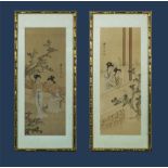 A framed pair of Chinese Republic period watercolour paintings on silk of girls in formal garden