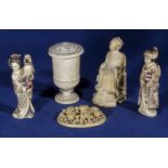 Two ivory Geisha and three other pieces