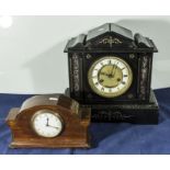 A slate mantle clock together with a small inlaid mahogany mantle clock