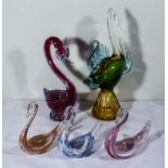 A Murano fish and swan and three other pieces of art glass