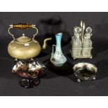 A brass kettle with amber glass handle, cut glass cruet, two pieces of carnival glass and a small