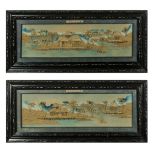 A pair of framed and glazed Chinese cork diorama depicting river scenes with temples, signed