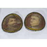 Two glass roundels with images of Mozart and Reubens