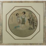 A fine quality Chinese watercolour painting on silk, of girls in a garden, fully signed