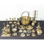 A brass jam pan and a quantity of other brass items