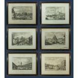 A set of six early framed engravings of Venetian scenes in ebonised frames