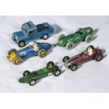 Five Dinky diecast playworn model vehicles, Ferrari, Cooper Bristol, Vanwall, BRM racing car 243 and