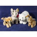 Four Steiff plush animals, dog, cat, polar bear and rabbit