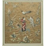 A framed Chinese embroidered silk panel of figures riding a kylin