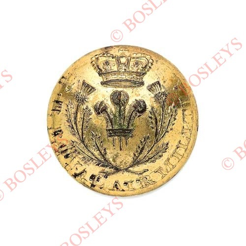Scottish. Prince Regent's Royal Ayr Militia Georgian Officer's gilt open-back coatee button. . A