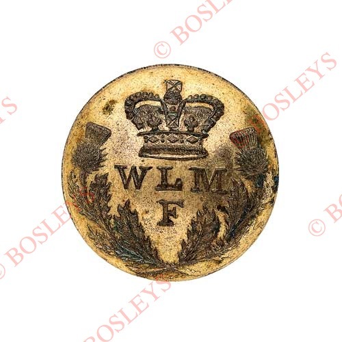 Scottish Western Forfarshire Local Militia Georgian Officer's gilt open-back coatee button. . A good