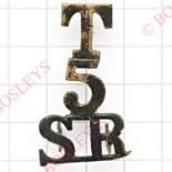 T / 5 / SR scarce Cameronians (Scottish Rifles) brass Scottish shoulder title circa 1908-21.