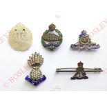 Five regimental sweetheart brooches. ATS (Mother of Pearl) ... Royal Tank Regiment (paste &