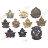 10 Canadian WW1 CEF cap badges. 105 ... 107 ... 109 (loops replaced, solder to reverse) ...