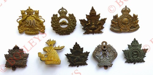 9 Canadian WW1 CEF cap badges. 200 (Birks 1916, Officer’s, loops replaced) ... Canadian