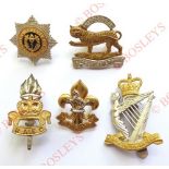 5 Officer’s silvered and gilt cap badges Royal Lincolnshire (blue enamel) ... Royal Leicester (