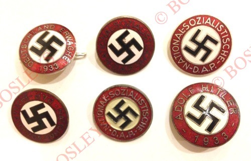 German Third Reich NSDAP Party Badges. Six assorted example, five are enamelled, one painted. All