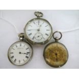 Three silver pocket watches comprising an open faced pocket watch with 'up and down' dial by A